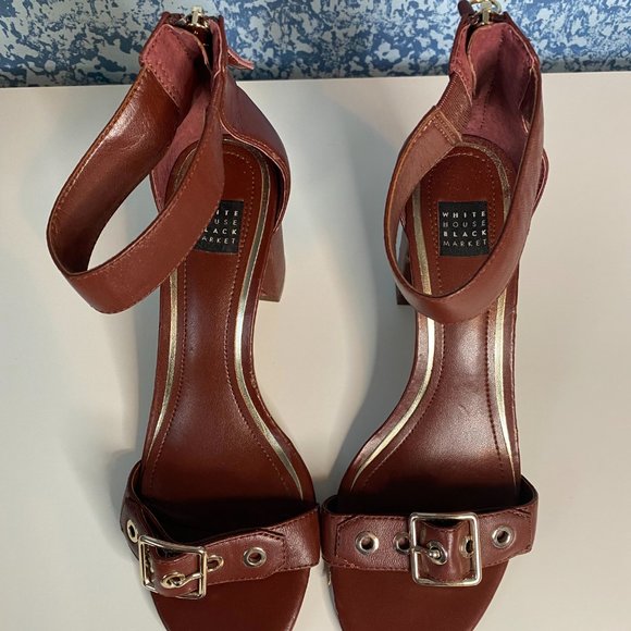 WHITE HOUSE BLACK MARKET RYDER BUCKLE BURGUNDY BLOCK HEEL SANDALS - Picture 6 of 6